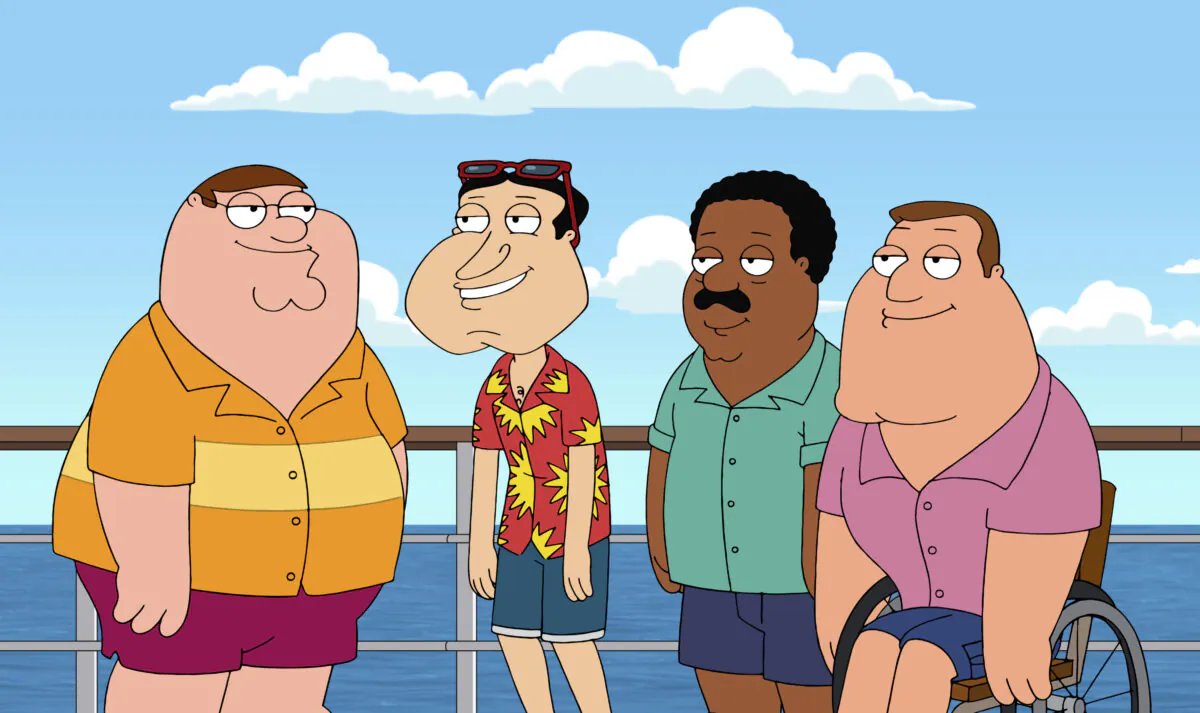 Animated characters (L-R) Peter Griffin, Glenn Quagmire, both voiced by Seth MacFarlane, Cleveland Brown, voiced by Mike Henry and Joe Swanson, voiced by Patrick Warburton, from the series "Family Guy." Henry announced that he will no longer voice the black character Cleveland Brown. (Fox via AP)