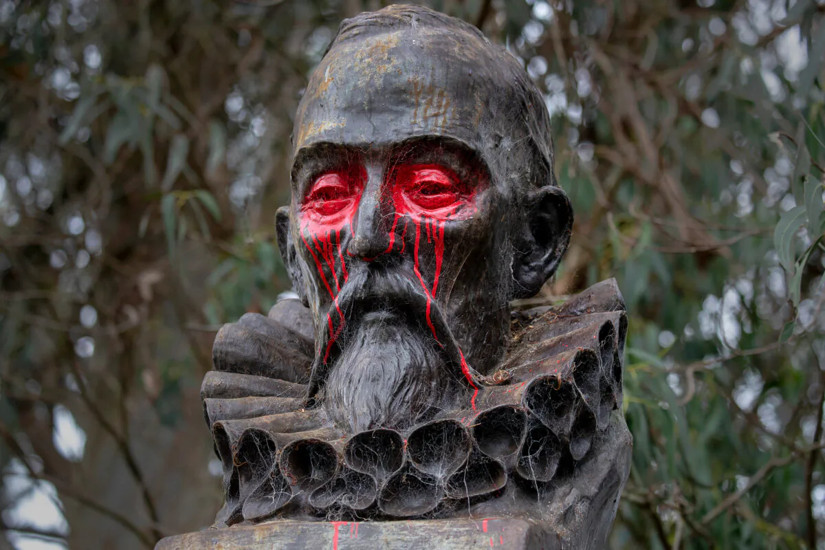 A vandalized statue of Spanish writer Miguel de Cervantes, author of “Don Quixote,” in San Francisco on June 20, 2020. (Karl Mondon/Bay Area News Group via AP)