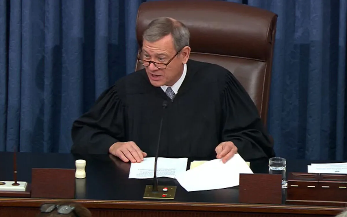 In this screengrab taken from a Senate Television webcast, Supreme Court Chief Justice John Roberts speaks during impeachment proceedings against President Donald Trump in the Senate at the U.S. Capitol in Washington on Feb. 3, 2020. (Senate Television via Getty Images)