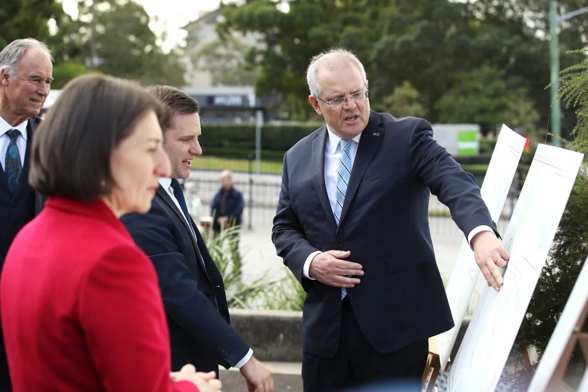 Prime Minister Scott Morrison discusses the planning maps at an infrastructure announcement in Macquarie Park in Sydney, Australia on June 29, 2020. (Mark Kolbe/Getty Images)