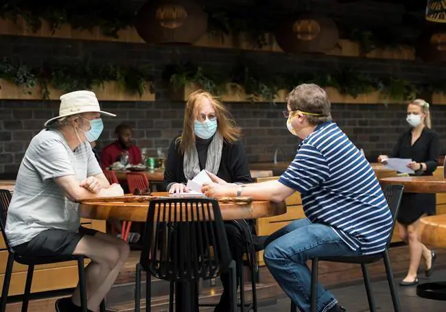 Patrons sit on the patio at Joey Sherway, part of the Joey Restaurant chain during the COVID-19 pandemic in Toronto on Wednesday, June 24, 2020. Toronto and the GTA entered stage two of opening. (THE CANADIAN PRESS/Nathan Denette)