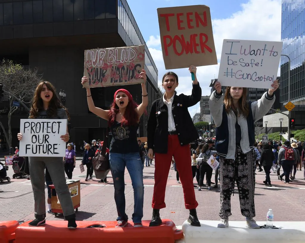 Teenagers protest against gun laws during the student-organized March for Our Lives rally in Los Angeles, Calif., on March 24, 2018. (Mark Ralston/AFP via Getty Images)