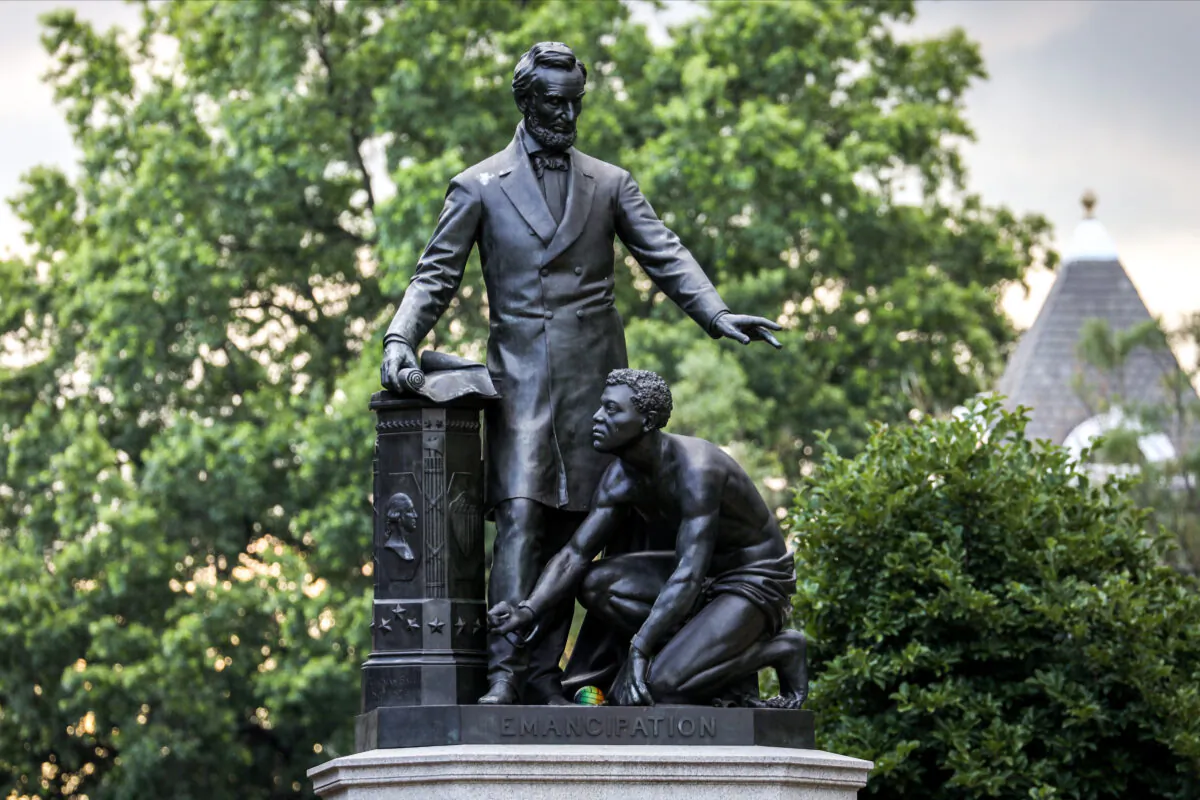 The Emancipation Memorial statue in Washington on June 25, 2020. (Charlotte Cuthbertson/The Epoch Times)
