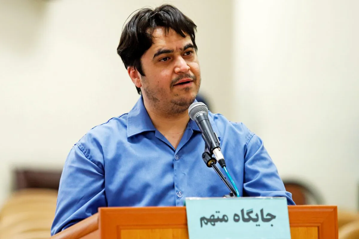 Ruhollah Zam, a former opposition figure who had lived in exile in France and had been implicated in anti-government protests, speaks during his trial at Iran's Revolutionary Court in Tehran, Iran, on June 2, 2020. (Ali Shirband/Mizan News/AFP via Getty Images)