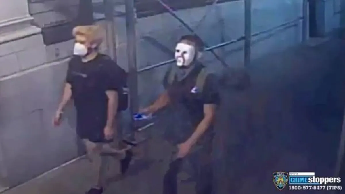 Two suspects captured on surveillance footage defacing George Washington statues, in New York, N.Y., on June 29, 2020. (NYPD)