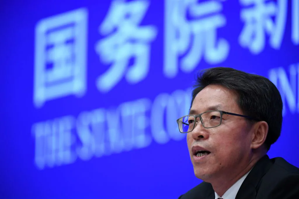Zhang Xiaoming, deputy director of the Hong Kong and Macao Affairs Office of the State Council, speaks at a press conference in Beijing on July 1, 2020. (Greg Baker/AFP via Getty Images)
