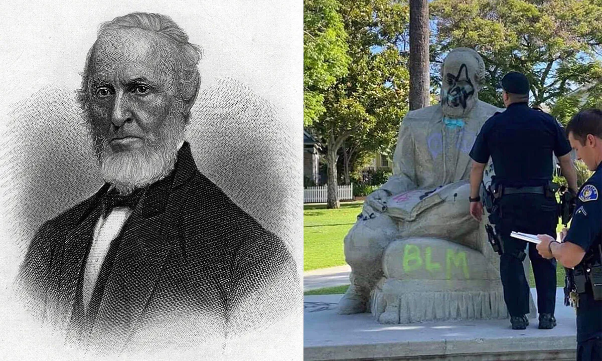 Left: A portrait of American poet and abolitionist John Greenleaf Whittier (1804-1892), circa 1860. (Hulton Archive/Getty Images) Right: The vandalized statue of J.G. Whittier in Central Park, Whittier, Calif., in 2020. (Reddit.com)