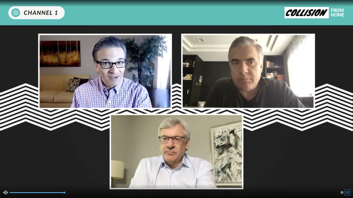 Goldy Hyder, president and CEO at the Business Council of Canada (L); Joe Natale, president and CEO at Rogers (R); and Dave McKay, president and CEO at RBC discuss the big picture of what’s next for Canada at the Collision from Home virtual technology conference hosted in Toronto on June 25, 2020. (Collision from Home screenshot)
