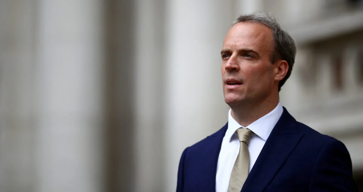 Britain's Foreign Secretary Dominic Raab makes a statement on Hong Kong's national security legislation in London, on July 1, 2020. (Hannah McKay/Reuters)