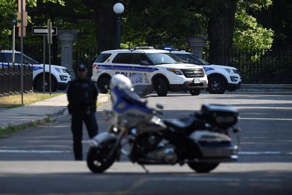 A police barricade is set up near Rideau Hall in Ottawa on July 2, 2020. (The Canadian Press/Adrian Wyld)