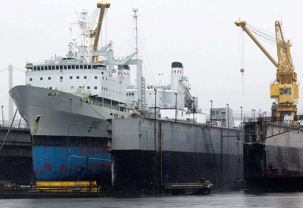 The navy supply ship HMCS Preserver sits at dry dock while undergoing refit in Halifax on July 14, 2010. The Royal Canadian Navy has been without a full-time support ship since 2014 as a plan to build two new ones continues to be plagued by delays and budget increases. (The Canadian Press/Andrew Vaughan)