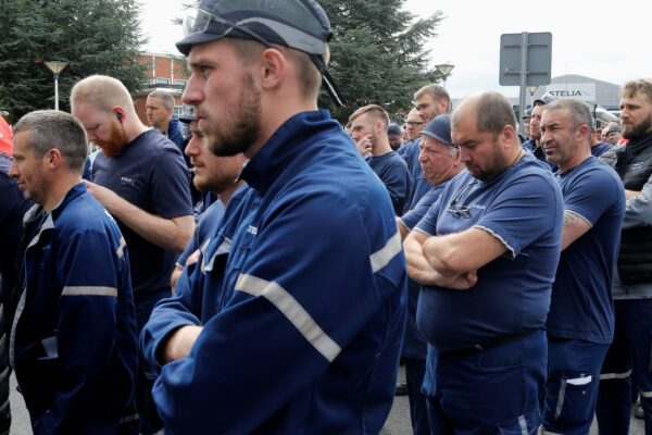 Employees attend a general meeting outside the factory of Stelia Aerospace, a subsidiary of Airbus, in Meaulte