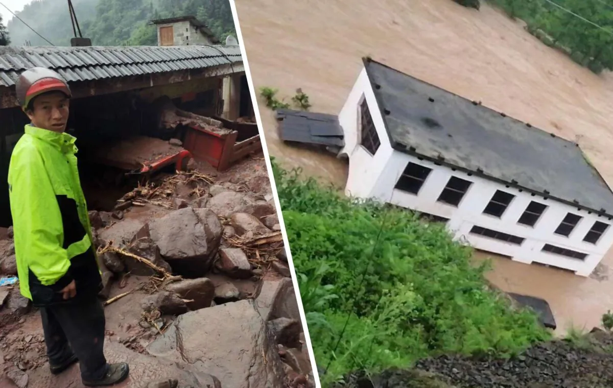 A house is inundated by floodwaters, while a villager stands in front of his mudslide-buried house and truck in Yiliang county, Zhaotong city, in Yunnan, China, on July 1, 2020. (Provided to The Epoch Times by interviewee)