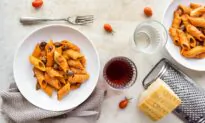 Pasta With Garlic Tomato Sauce, Olives, and Guanciale