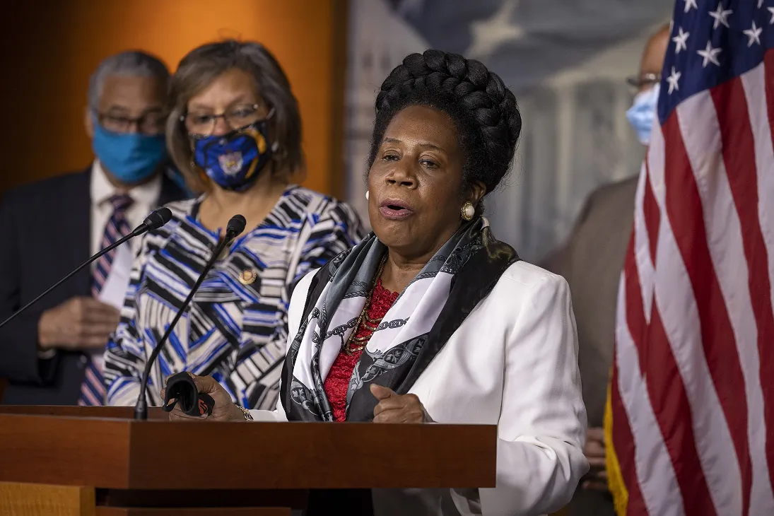 Rep. Sheila Jackson Lee (D-Texas) speaks about H.R. 40 at a Congressional Black Caucus press conference on Capitol Hill in Washington on July 1, 2020. (Tasos Katopodis/Getty Images)