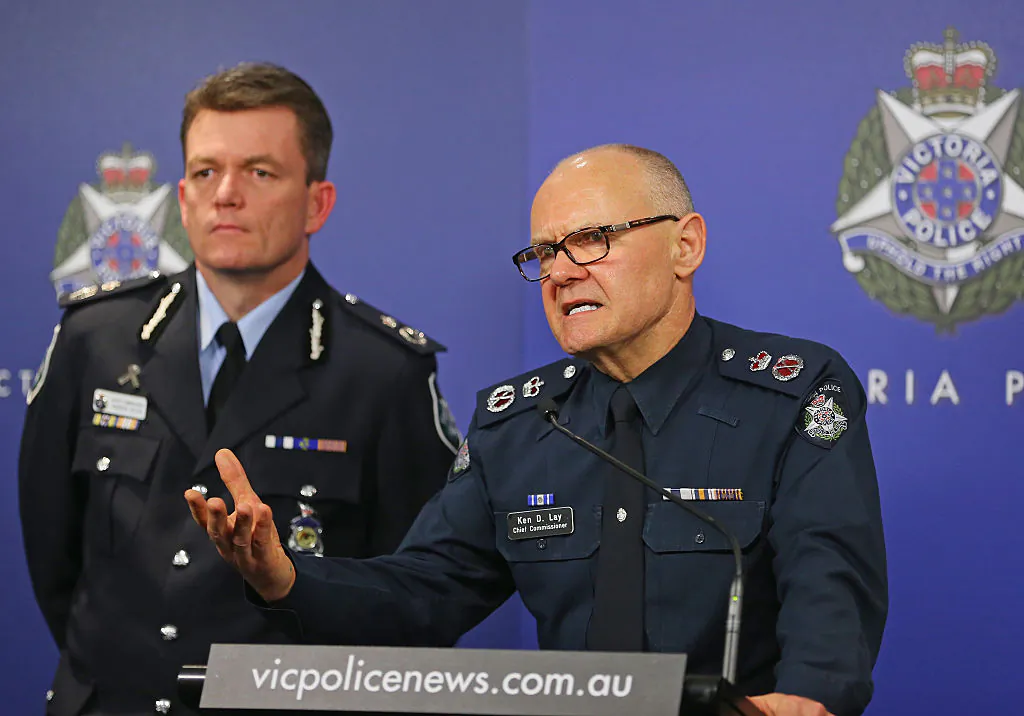 Ken Lay (R) Chief Commissioner of Victoria Police speaks to the media as Andrew Colvin (L) Deputy Commissioner Victoria Police looks on in relation to the man shot after an altercation with Counter Terrorism officers on September 24, 2014 in Melbourne, Australia. (Scott Barbour/Getty Images)