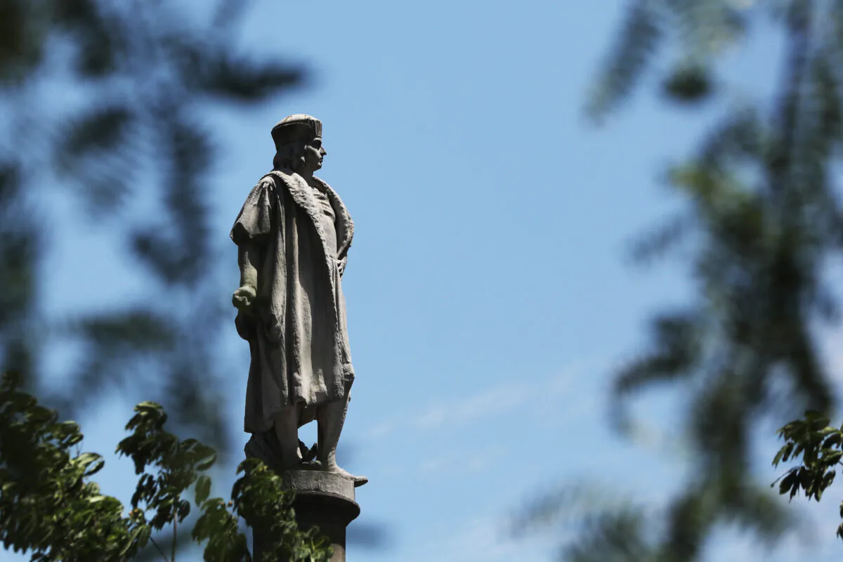 A statue to the famed explorer Christopher Columbus stands in Columbus Circle in New York, N.Y., on June 25, 2020. (Spencer Platt/Getty Images)