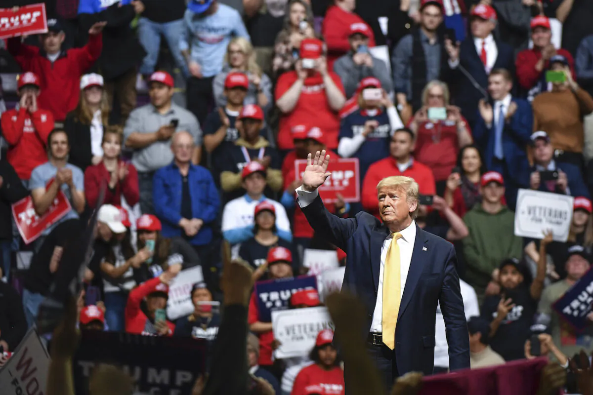 President Donald Trump waves to supporters during a Keep America Great rally in Colorado Springs, Colorado, on Feb. 20, 2020. (Michael Ciaglo/Getty Images)