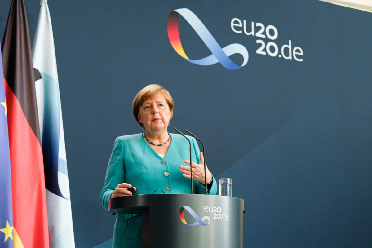German Chancellor Angela Merkel and European Commission President Ursula von der Leyen (via live video transmission) speak to the media following talks at the Chancellery on July 2, 2020 in Berlin, Germany. (Christian Marquardt /Getty Images)
