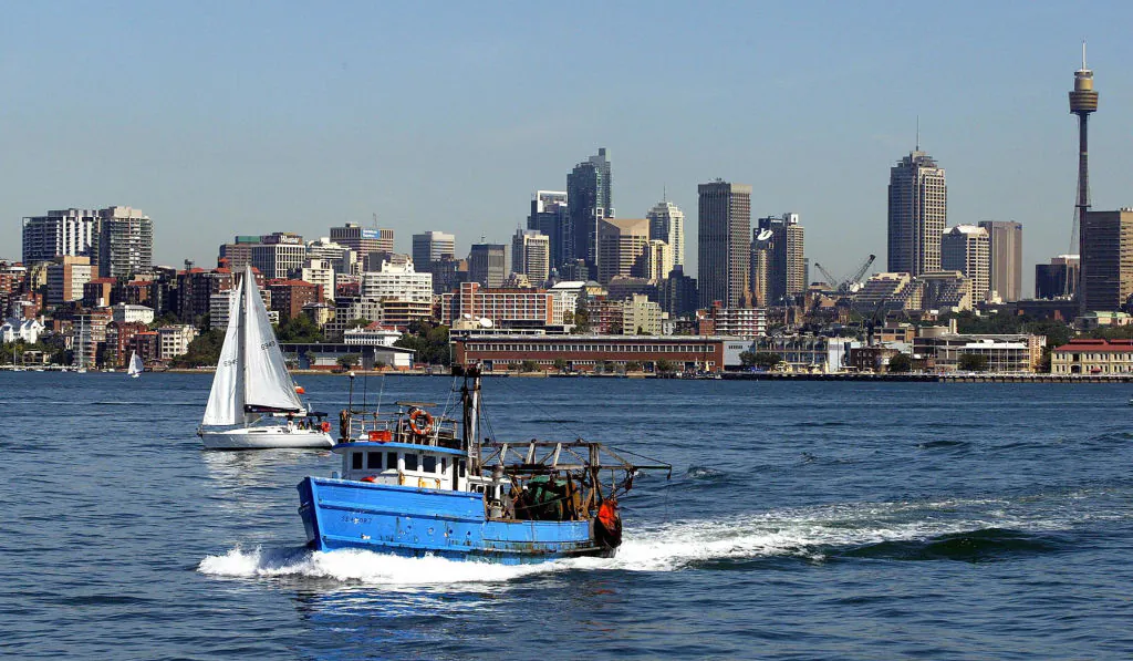 A deep sea fishing boat heads out of the harbour with a backdrop of the Sydney skyline, 02 April 2005. (ROB ELLIOTT/Getty Images)
