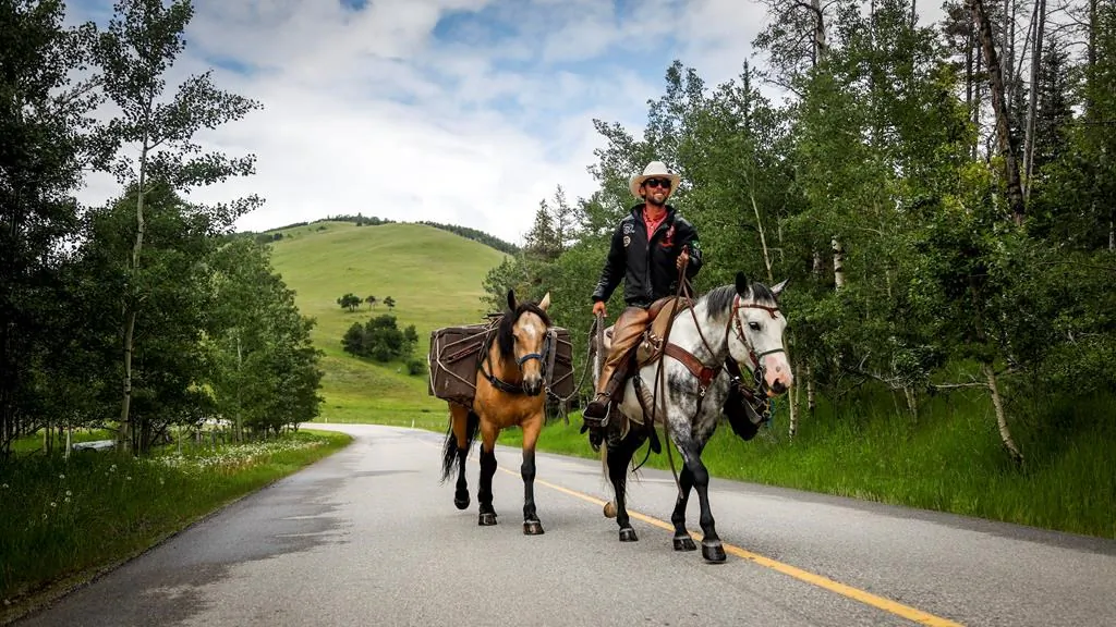 Filipe Masetti Leite, a Brazilian cowboy who has been riding from Alaska to Calgary and who has also been chosen as the parade marshal for the Calgary Stampede, rides his pony Smokey as pack pony Mack follows along near Waiparous Village, Alta., onJune 29, 2020. (The Canadian Press/Jeff McIntosh)