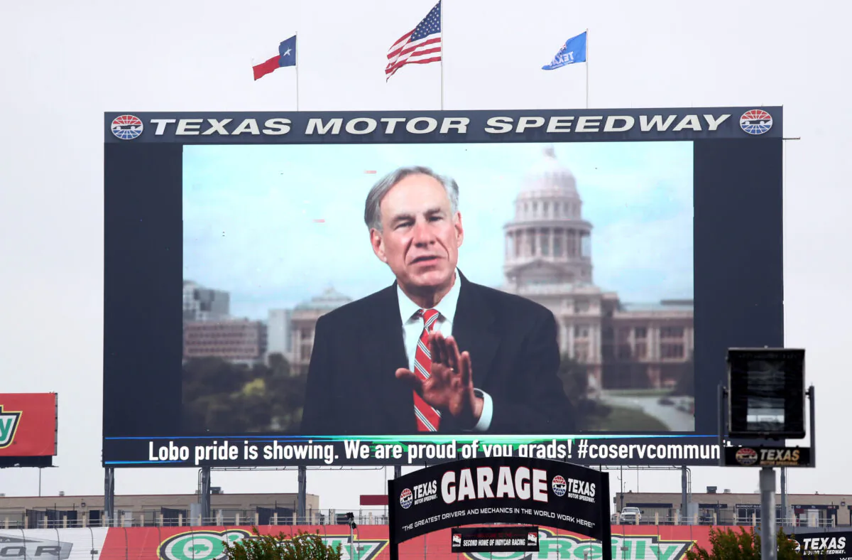 Texas Gov. Greg Abbott is seen on "Big Hoss TV" before Little Elm High School graduation ceremonies at Texas Motor Speedway in Fort Worth, Texas, on May 21, 2020. (Ronald Martinez/Getty Images)