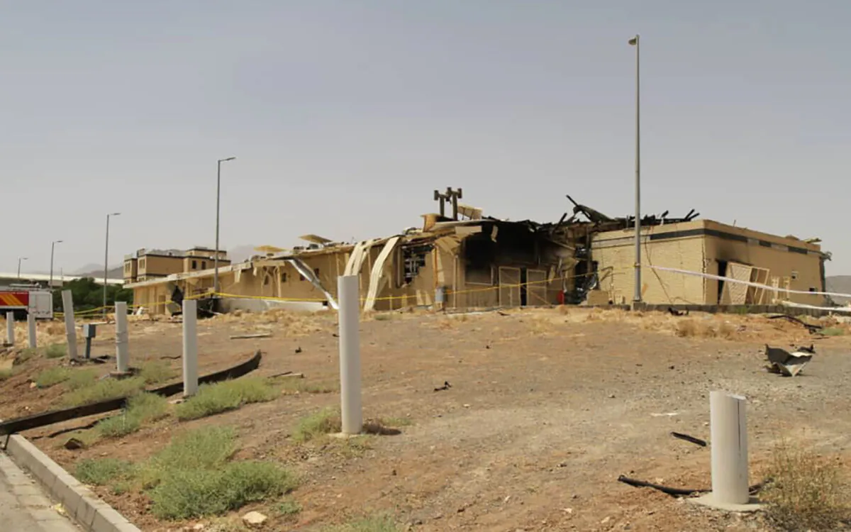 This photo released Thursday, July 2, 2020, by the Atomic Energy Organization of Iran shows a building after it was damaged by a fire at the Natanz uranium enrichment facility, some 200 miles (322 kilometers) south of the capital Tehran, Iran. Iran on Sunday confirmed that a damaged building at the underground Natanz nuclear site was a new centrifuge assembly center, the official IRNA news agency reported. (Atomic Energy Organization of Iran via AP, File)