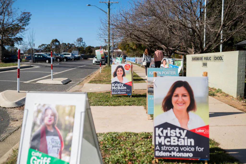 Election signages for Labor's candidate Kristy McBain are displayed outside Bungendore Public School on July 04, 2020 in Bungendore, Australia (Photo by Rohan Thomson/Getty Images)