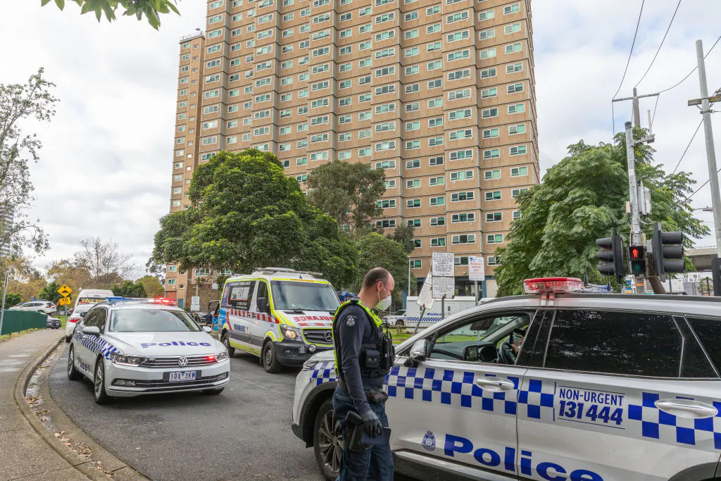 A general view of police and Ambulance services at the front of Flemington Public housing flats on July 05, 2020 in Melbourne, Australia. (Asanka Ratnayake/Getty Images)