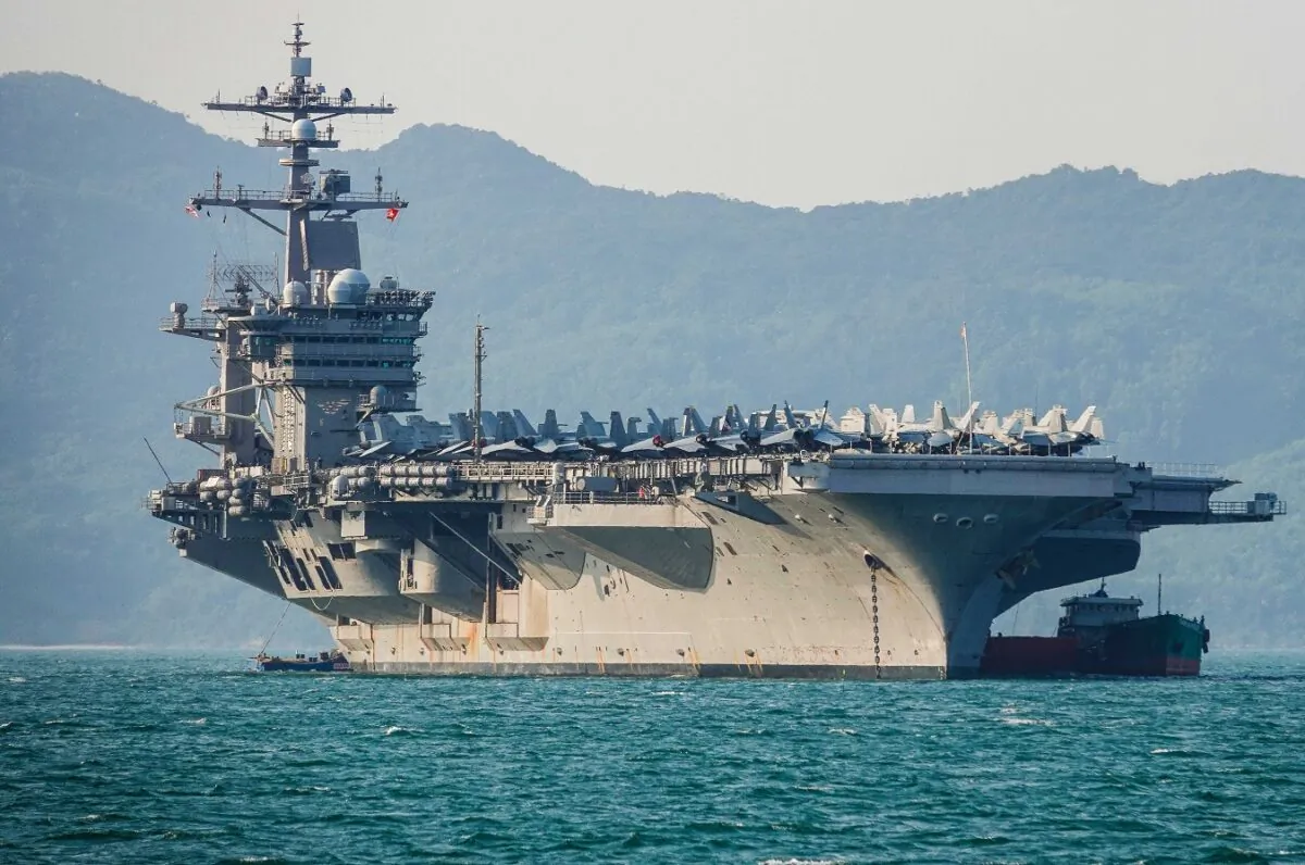 The U.S. aircraft carrier, USS Carl Vinson, anchored off the coast at Tien Sa Port in Danang, Vietnam, on March 5, 2018. (Getty Images)