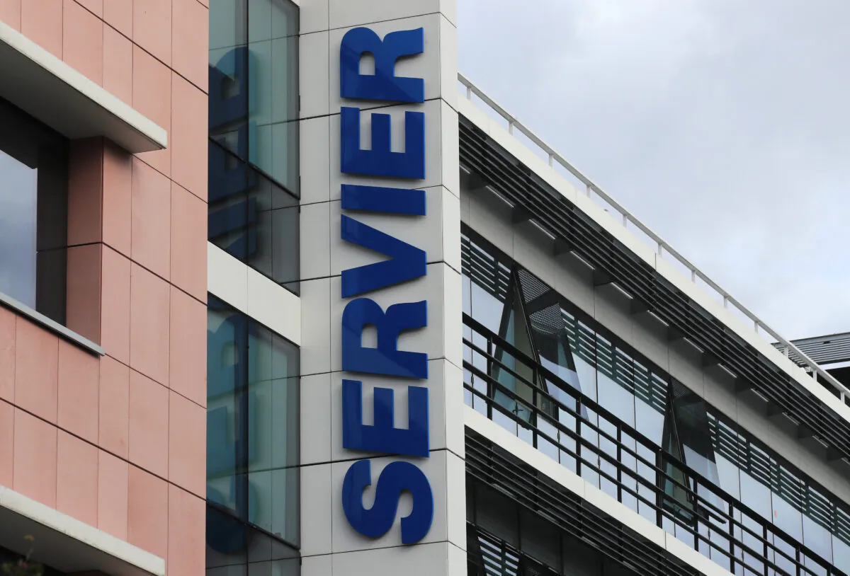 The logo is pictured of the pharmaceutical giant Servier Laboratoires in Suresnes, outside Paris, France, on Sept. 3, 2019. (Michel Euler/AP Photo)