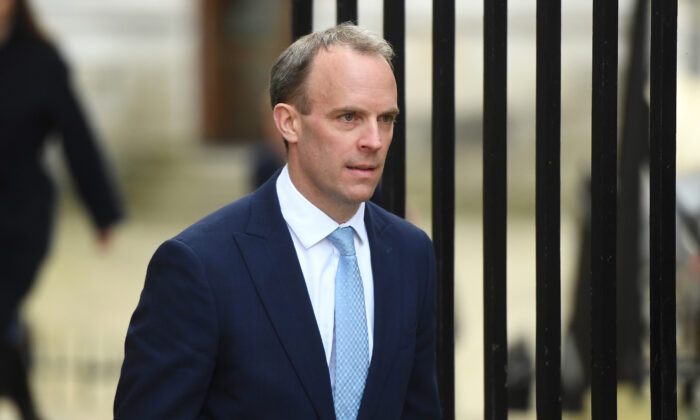 Britain's Foreign Secretary Dominic Raab arrives at 10 Downing Street in London, UK, on April 6, 2020. (Peter Summers/Getty Images)