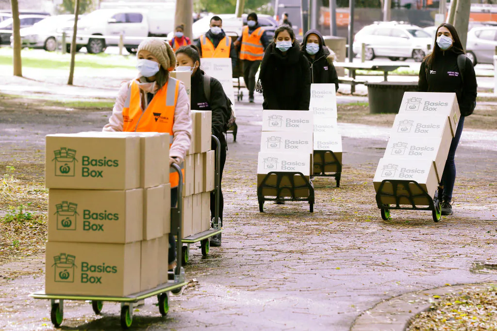 Food is delivered to the Flemington Towers Government Housing complex in Melbourne, Australia on July 6, 2020. (Darrian Traynor/Getty Images)