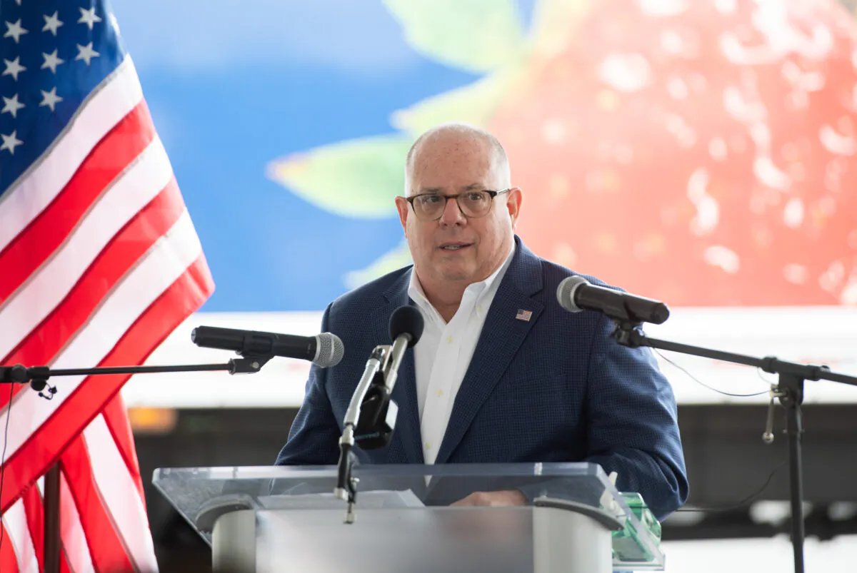 Maryland Gov. Larry Hogan speaks after touring Coastal Sunbelt Produce with Senior Adviser to the President Ivanka Trump, in Laurel, Md., on May 15, 2020. (Saul Loeb/AFP via Getty Images)