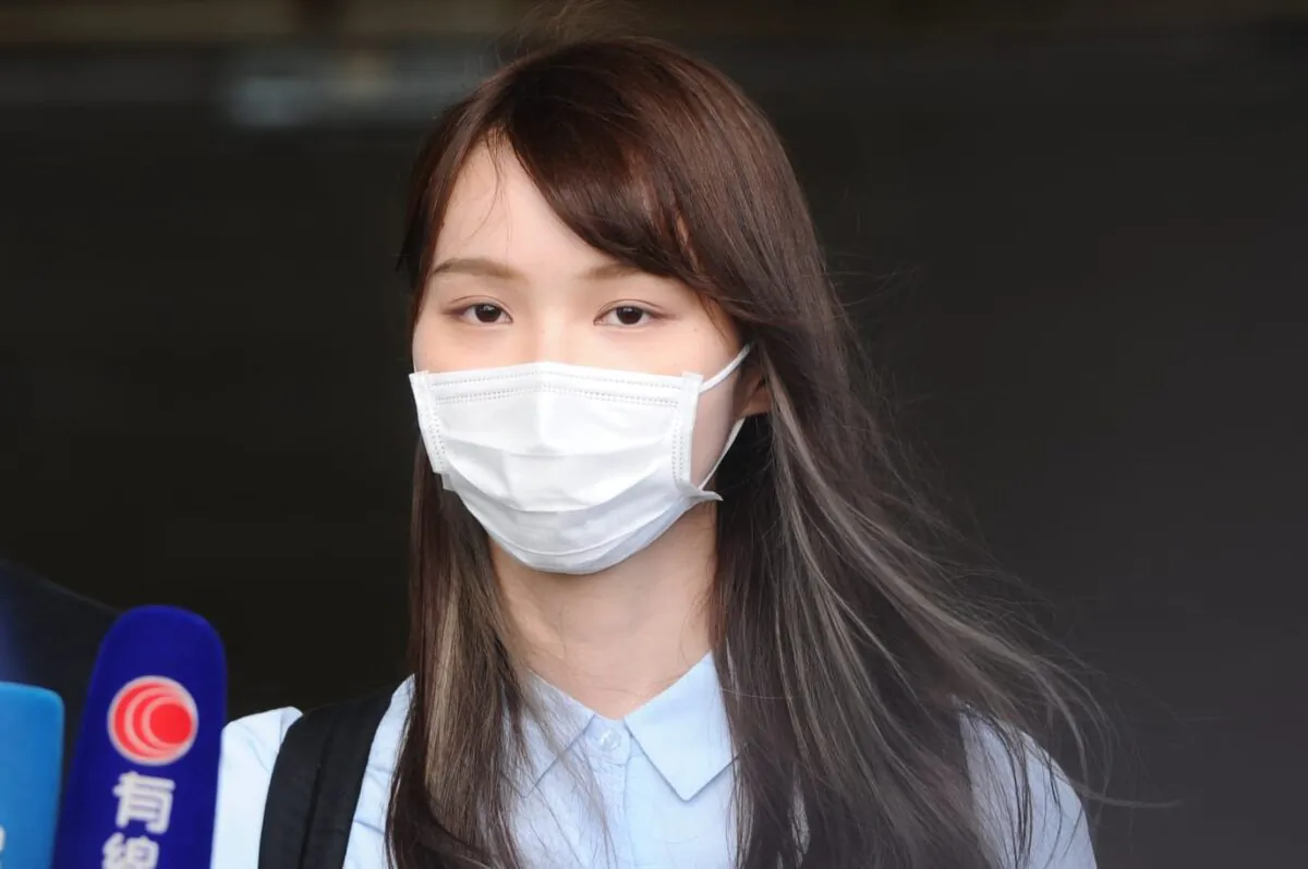 Agnes Chow speaks to reporters after appearing in court in Hong Kong, on July 6, 2020. (Song Bilung/The Epoch Times)