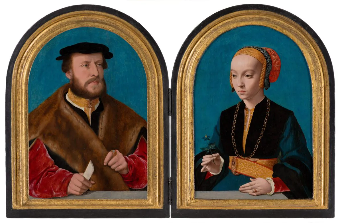 (L) Portrait of Jakob Omphalius, 1538 or 1539, by Bartholomäus Bruyn the Elder. Panel; 12 1/2 inches by 8 1/2 inches. Acquired in 2020 with the support of the BankGiro Lottery, the Rembrandt Association, and H.B. van der Ven. Portrait of Elisabeth Bellinghausen, 1538 or 1539, by Bartholomäus Bruyn the Elder. Panel; 12 1/2 inches by 8 1/2 inches. Gift of the heirs of C. Hoogendijk, The Hague; on long-term loan from the Rijksmuseum. (Mauritshuis)