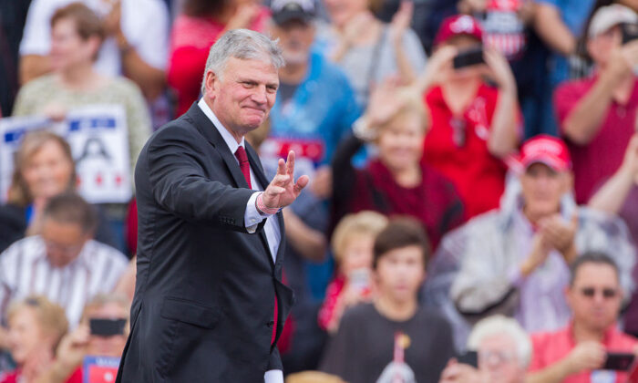 Evangelist and CEO of the Billy Graham Evangelistic Association Franklin Graham takes the stage before president-elect Donald Trump during a thank you rally in Ladd-Peebles Stadium  in Mobile, Ala., on Dec. 17, 2016. (Mark Wallheiser/Getty Images)