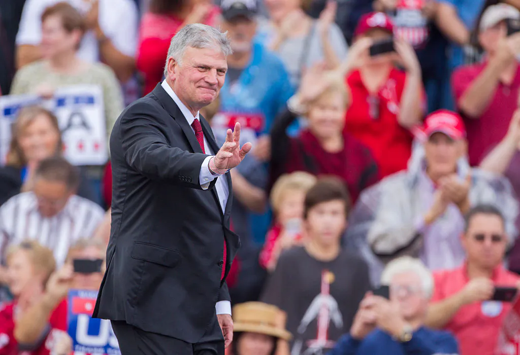 Evangelist and CEO of the Billy Graham Evangelistic Association Franklin Graham takes the stage before president-elect Donald Trump during a thank you rally in Ladd-Peebles Stadium  in Mobile, Ala., on Dec. 17, 2016. (Mark Wallheiser/Getty Images)