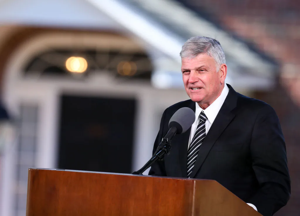 Rev. Franklin Graham delivers the eulogy during the funeral of his father, Reverend Dr. Billy Graham in Charlotte, North Carolina, on March 2, 2018. (Logan Cyrus/AFP via Getty Images)
