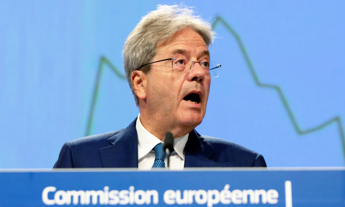 European Commissioner for Economy Paolo Gentiloni speaks during a media conference on the summer 2020 economic forecast at EU headquarters in Brussels, on July 7, 2020. (Virginia Mayo/Pool/AP Photo)