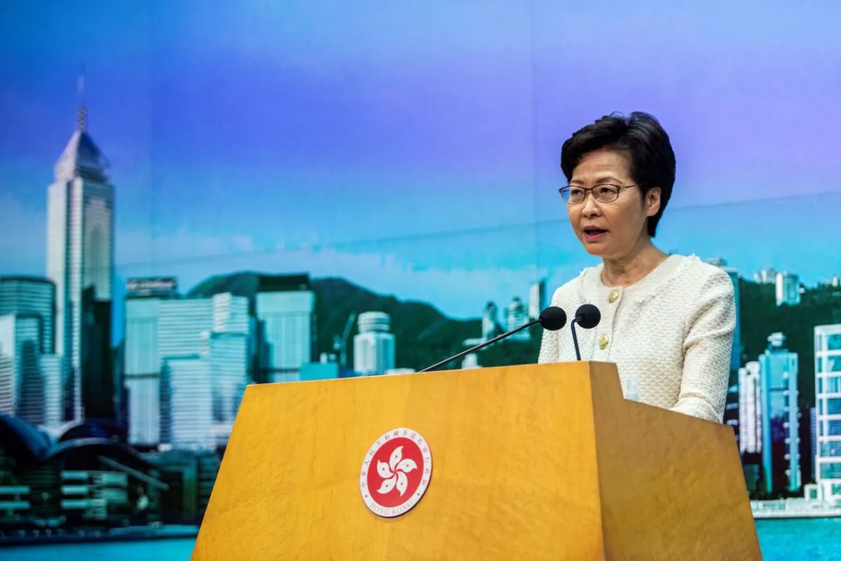 Hong Kong Chief Executive Carrie Lam speaks to the media about the new national security law introduced to the city at her weekly press conference in Hong Kong on July 7, 2020. (Isaac Lawrence/AFP via Getty Images)