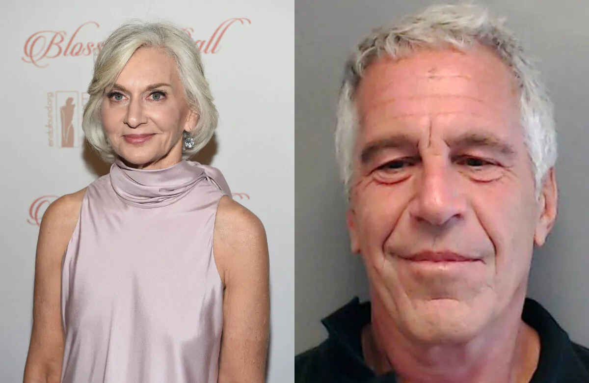 Eileen Guggenheim, on left, in New York City in a file photograph. On right, Jeffrey Epstein poses for a sex offender mugshot after being charged with procuring a minor for prostitution, in Florida on July 25, 2013. (Dimitrios Kambouris/Getty Images for Endometriosis Foundation of America; Florida Department of Law Enforcement via Getty Images)