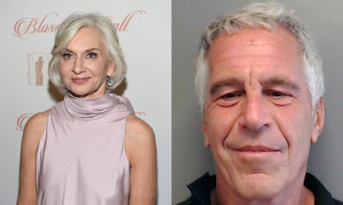 Eileen Guggenheim, on left, in New York City in a file photograph. On right, Jeffrey Epstein poses for a sex offender mugshot after being charged with procuring a minor for prostitution, in Florida on July 25, 2013. (Dimitrios Kambouris/Getty Images for Endometriosis Foundation of America; Florida Department of Law Enforcement via Getty Images)