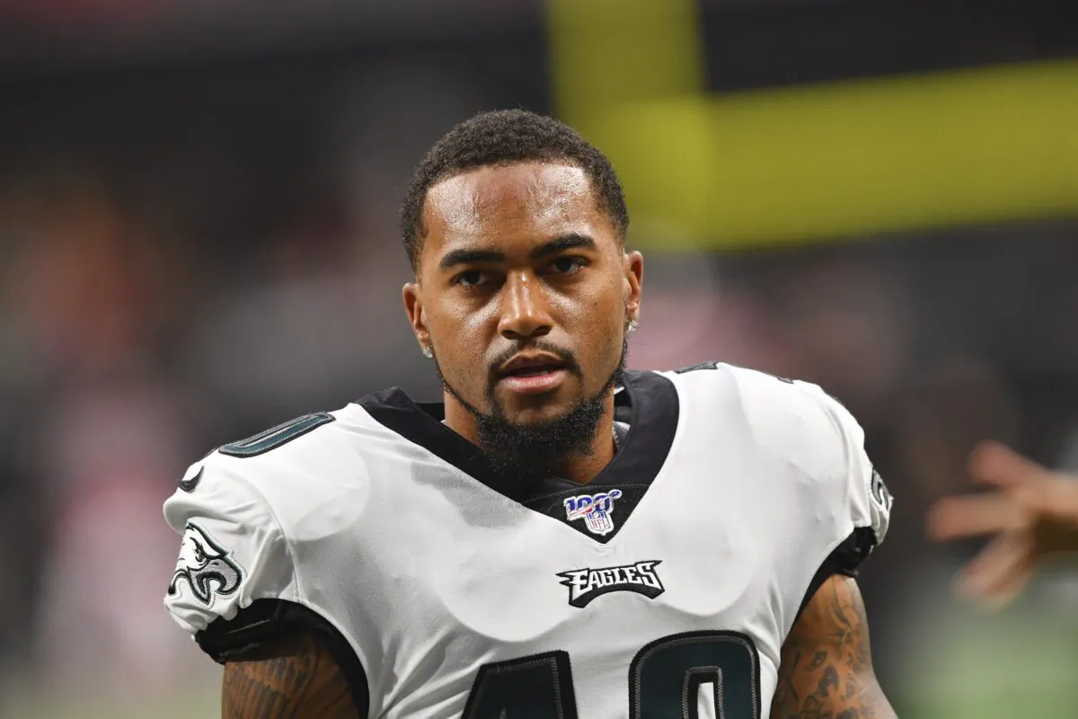 Philadelphia Eagles wide receiver DeSean Jackson (10) warms up before an NFL football game against the Atlanta Falcons, in Atlanta, Ga., on Sept. 15, 2019. (John Amis/AP Photo)