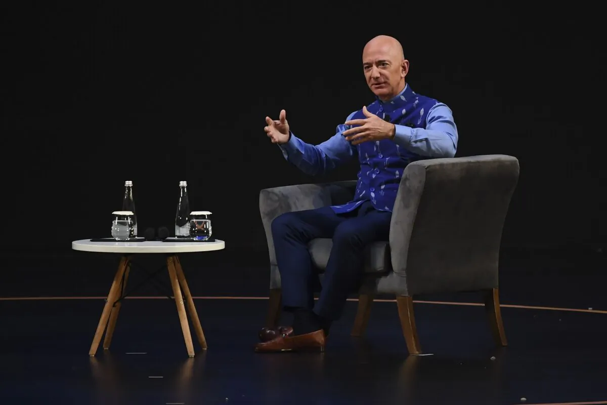 Amazon CEO Jeff Bezos speaks during the company's event in New Delhi, India on Jan. 15, 2020. (Sajjad Hussain/AFP via Getty Images)