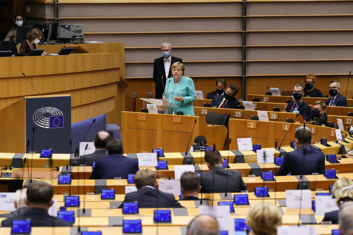 German Chancellor Angela Merkel addresses a plenary session at the European Parliament in Brussels, Belgium on July 8, 2020. (Yves Herman/Reuters)