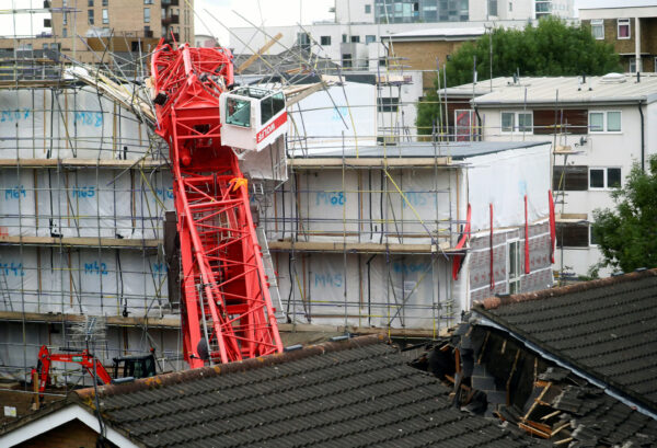 A collapsed crane in Bow, east London