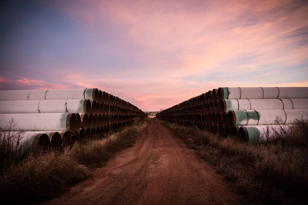 Miles of unused pipe, prepared for the proposed Keystone XL pipeline, sit in a lot outside Gascoyne, N.D., on Oct. 14, 2014. (Andrew Burton/Getty Images)
