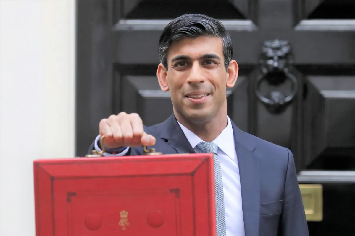 Britain's Chancellor of the Exchequer Rishi Sunak stands outside No 11 Downing Street and holds up the traditional red box that contains the budget speech for the media, he will then leave to make budget speech to House of Commons, in London on March 11, 2020. Sunak is set to announce Wednesday a 2 billion pound ($2.5 billion) program to create jobs for young people as the government tries to revive an economy battered by the COVID-19 pandemic. (AP Photo/Kirsty Wigglesworth)