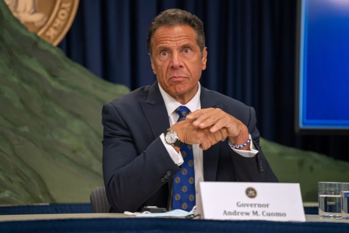 New York Gov. Andrew Cuomo speaks at a press conference in New York City on July 6, 2020. Cuomo defended the state's policy that mandated nursing homes accept residents who tested positive for COVID-19. (David Dee Delgado/Getty Images)